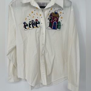 Karen Scott White Button Down Shirt with Penguin Embroidery